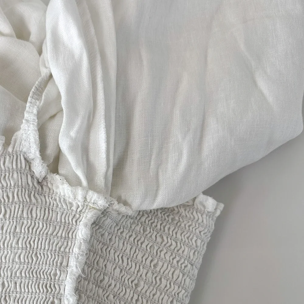 Reformation White Linen Smocked Puff‎ Sleeve Top | Square Neck | Size M
